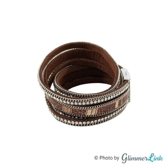 Brown Multi Strand Faux Leather Rhinestones Wrap Bracelet Magnetic Clasp - Picture 3 of 9
